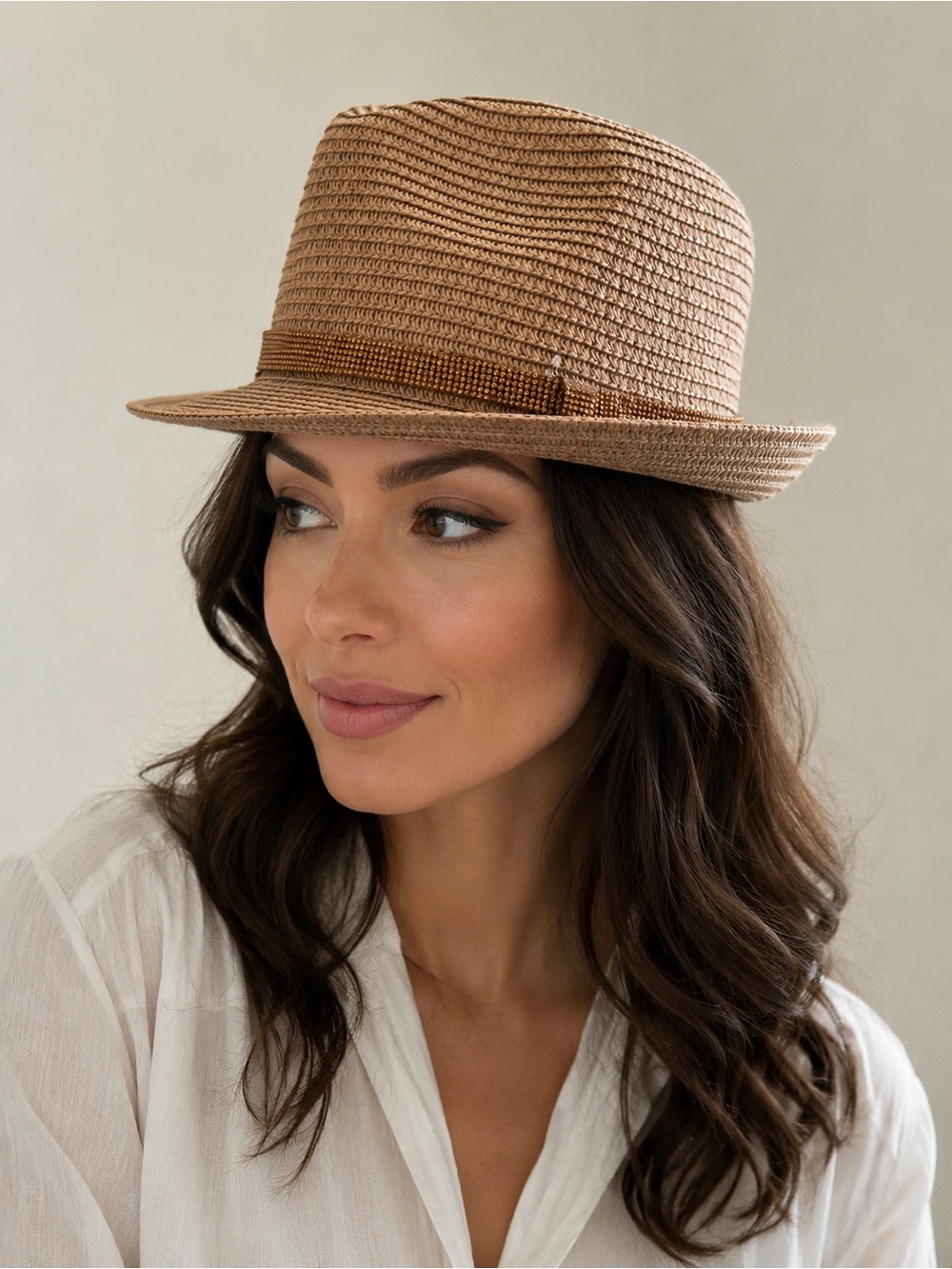 Marcus Adler Women’s Tan Trilby Hat with Decorative Band